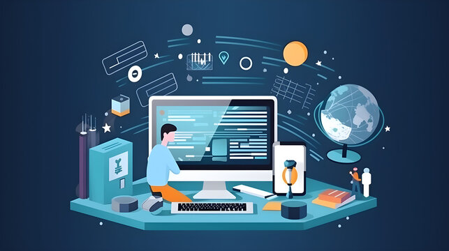 E-learning course creation concept. Instructor designing interactive lessons and quizzes using online authoring tools.