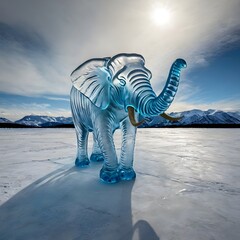  A majestic, translucent blue ice sculpture of an elephant stands on a vast, frozen expanse, bathed in brilliant sunlight with snow-capped mountains in the distant background.