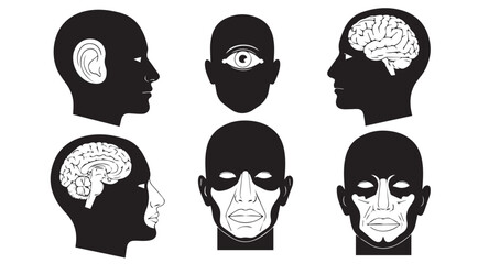 Human head silhouettes with brain and third eye on white background