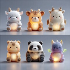 Fototapeta premium Cute 3D cartoon animal icons, in a cute Q-version style, showing playful and lively character images, with soft light effects and isolated transparent backgrounds.