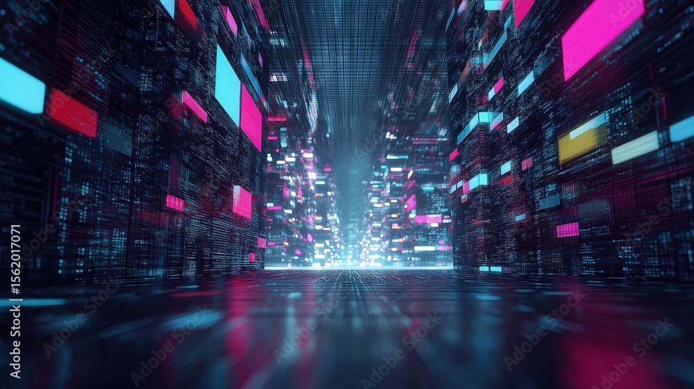 Aufkleber futuristic digital corridor with glowing neon blocks and reflections in a virtual data city