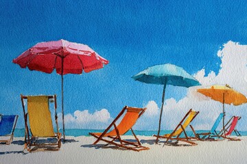 Watercolor Illustration of a Beach Scene with Deck Chairs and Umbrellas under a Bright Summer Sky. High quality