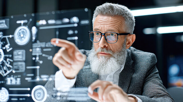 A focused older man with glasses interacts with a transparent digital interface displaying technical diagrams and data.