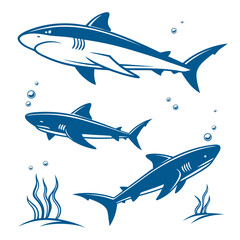 Naklejka premium Vector illustration of sharks swimming with bubbles and seaweed underwater marine life