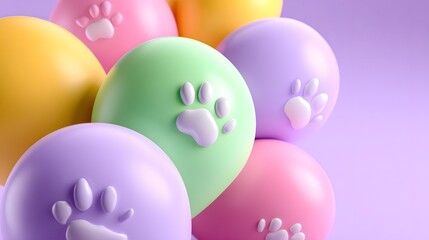 Pastel-colored balloons with paw print designs for a pet-themed