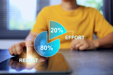 Pareto principle 80 of results 20 of effort that a small inputs yields a large amount of output can be applied to business goals and time management with a man take result on the working table