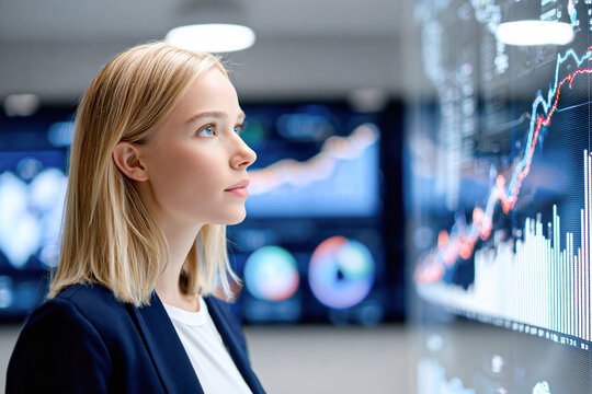 A focused young woman analyzes dynamic stock market data displayed on a transparent digital screen in a modern financial setting.