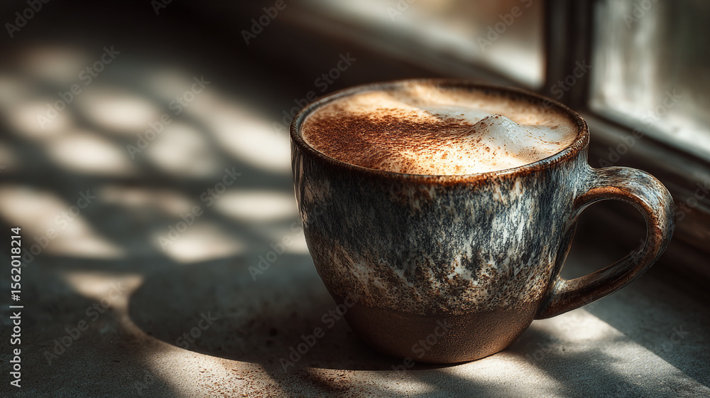 Poster cozy coffee cup resting on a table near a sunlit window in a tranquil setting