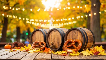 Traditional Wooden Beer Barrels with Pretzels and Fall Leaves on Rustic Tables Beneath Festoon Lights, Set Against a Vibrant Fall Foliage Background in a Cozy Autumn Setting
