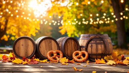 Traditional Wooden Beer Barrels with Pretzels and Fall Leaves on Rustic Tables Beneath Festoon Lights, Set Against a Vibrant Fall Foliage Background in a Cozy Autumn Setting