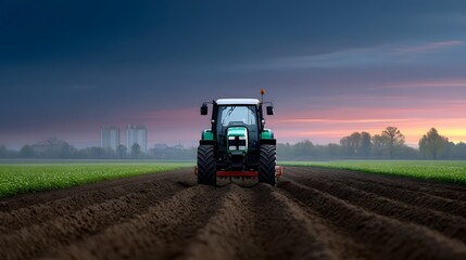 Obraz premium Tractor plowing a field at sunset or sunrise