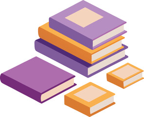 Isometric stack of purple and orange books with scattered volumes