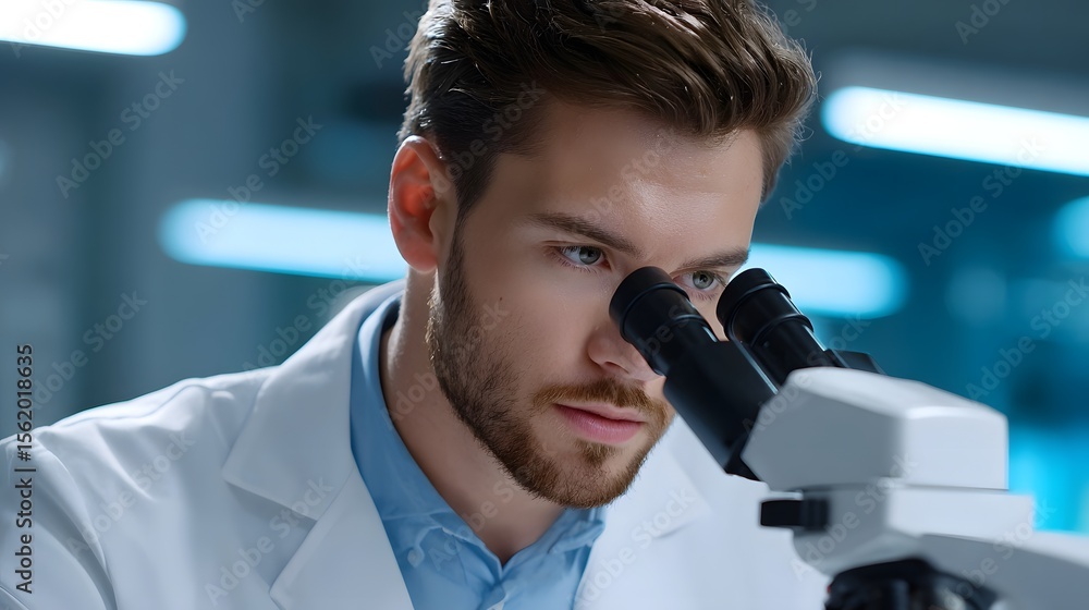 Poster scientist examining sample through microscope in laboratory