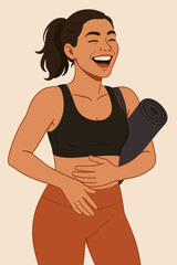 Happy athletic woman laughing after gym workout, holding a yoga mat. Joyful girl in sportswear feeling positive. Healthy lifestyle, wellness, and fitness concept. Vector illustration.