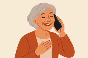 Happy senior woman talking on the phone. Cheerful elderly lady laughing during a mobile call. Modern flat vector cartoon illustration of a grandmother using a smartphone.