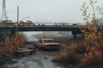A deserted, apocalyptic highway with abandoned cars and overgrowth.