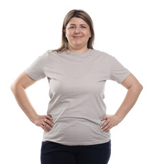 Fototapeta premium Weight loss. Plus size woman on white background