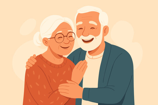 Happy elderly couple hugging with love and affection. Senior man and woman embrace. Grandparents portrait. Concept for healthy aging, retirement, long marriage, and companionship.