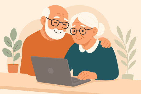 Happy senior couple using a laptop together at home. An elderly man lovingly embraces his wife while she learns to use the computer. Technology in retirement. Modern flat vector cartoon. - Powered by Adobe