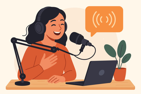 Podcast host woman recording audio broadcast at home studio. Female podcaster speaking into microphone with headphones, laptop, desk, plant. Online radio, streaming, content creation concept - Powered by Adobe