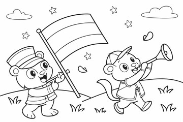 Naklejka premium coloring page for kids, line art, cute animals celebrating Indonesian Independence Day with flags and trumpets, simple design