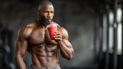 Fototapeta premium Muscular african man drinking smoothie at the gym for post-workout nutrition and fitness health building strength and endurance