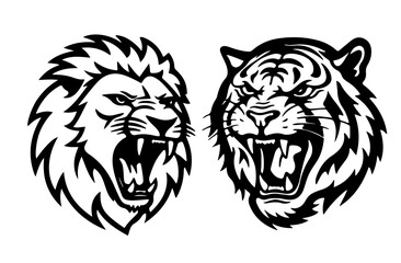Roaring Lion and Tiger Head Line Art Vector Illustration