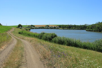 A dirt road next to a body of water