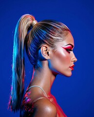High-fashion profile shot of a woman with bold red makeup, sleek ponytail, and vibrant blue-red lighting on a vivid blue background.