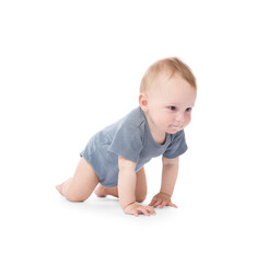 Cute little baby crawling on white background