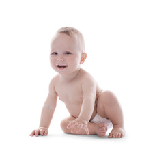 Portrait of cute little baby on white background