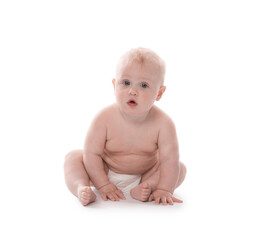 Cute little baby sitting on white background