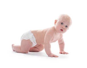 Cute little baby crawling on white background