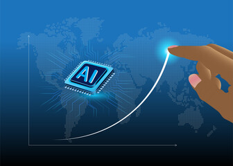 AI with statistics concept. The market for artificial intelligence technologies is increasing. AI chips icon on a graph and arrows showing growth.