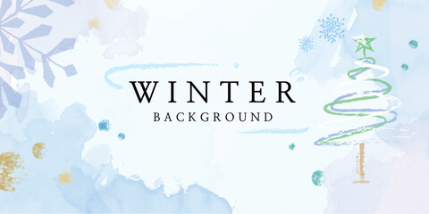 Winter background vector. Watercolor and brush texture, snowflakes and falling snow. Abstract art design for poster, banner, promotion, wallpaper, wall arts, cover, wedding and invite card.