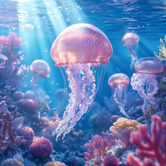 A group of jellyfish swim in the sea, surrounded by coral reefs and other marine life. The water is clear, blue, shimmering in the sunlight.