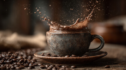 Coffee cup splashing with water on rustic table surrounded by coffee beans in warm lighting