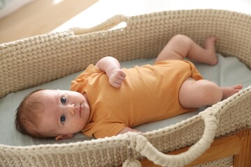 Cute newborn baby in bassinet at home