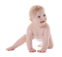Cute little baby in diaper on white background