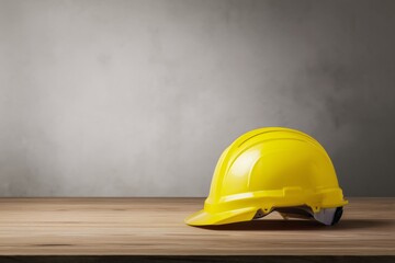 Yellow construction helmet on wooden table in office environment. Labor Day Concept