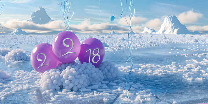 Purple Balloons with Numbers “9” and “18” Floating in Snowy Landscape


