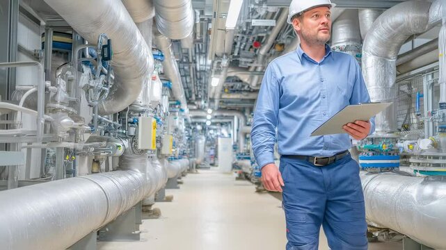 Professional engineer inspects industrial pipeline system. Specialist holds digital tablet for maintenance check. Modern factory worker examines insulated pipes. Quality control in manufacturing facil