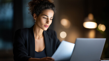 "Focused Hispanic Businesswoman Analyzing Financial Documents at Home Office"