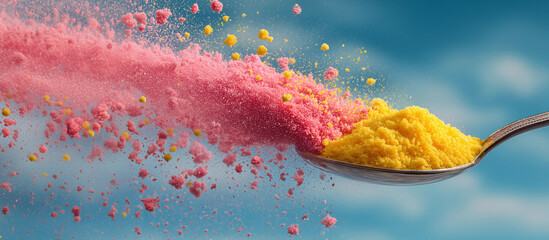 Color powder explosion spoon pink yellow dust dynamic energy vibrant abstract sky background pastel art design banner concept copy space creative sprinkle vivid dreamy baking festive scene