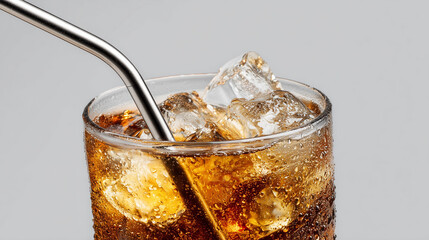 A stainless steel straw in a glass of cold drink, eco friendly reusable utensil for sustainable lifestyle, refreshing beverage with modern minimal look.