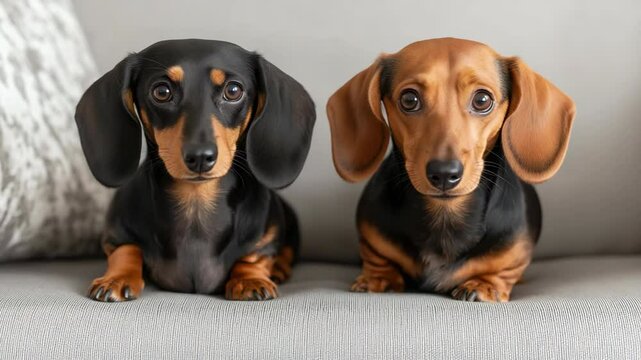 Two small dogs are sitting on a couch, looking at the camera. The couch is grey and has a pattern on it