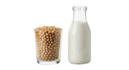 Isolated Soybeans in Glass and Bottle of Soy Milk