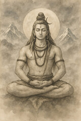 Timeless shiva mahadev in meditation with crescent moon and serpent against a mountainous backdrop a serene art piece for sawan reverence and inner peace
