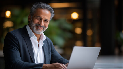 "Smiling CEO Working on Laptop in Modern Office"
