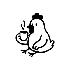 A stylized black and white chicken holding a steaming cup of coffee